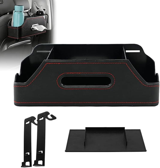 Sporacingrts Car Seat Back Organizer with Cup Holders, Tissue Box, Hooks, Phone Slot, Black PU Leather Storage Box for Backseat, 1 Pack, Fits Most Cars SUVs Trucks
