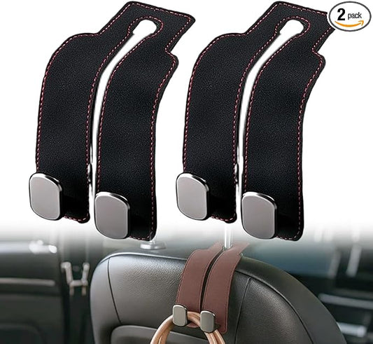 2026 New 2 in 1 Car Seat Back Storage Hook, Car Backseat Organizer Accessories, Premium Leather Headrest Hook for Auto Hooks Organizer for Handbag Purse Coat Bags (2, Black)