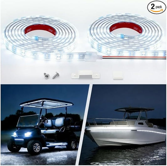 12V Marine Boat LED Light Strip Super Bright, 2 Pack 2FT IP68 Fully Waterproof RV Front Cap Lights, Golf Cart Underglow Roof Lights Strip for Truck ATV UTV SUV Car Pickup Trailer, Cuttable, White