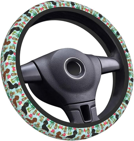 Elastic Steering Wheel Cover Car Accessories Cute Universal 15 Inch Absorbing Sweat Non-Slip Breathable for Man Woman, Cute Dachshund Floral