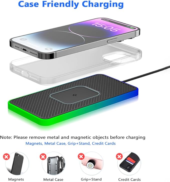 Cordless Car Charging Pad for GMC Sierra HD 2013 2014 2015 2016 2017, 5W/7.5W/10W/15W/20W Charging, Trim-to-Fit Non-Slip Phone Charging Mat with 8 Ambient Light Modes, 100cm Cable,B Type-C