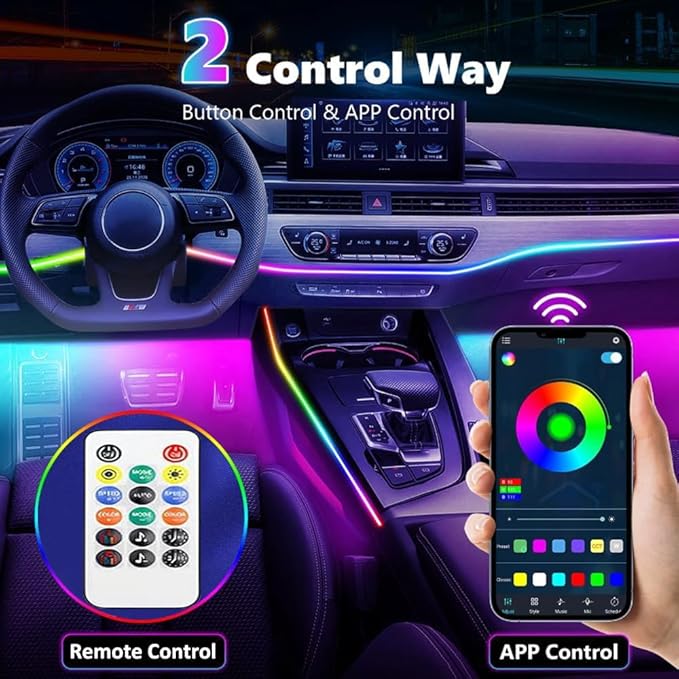 Dreamcolor Acrylic Interior Car LED Strip Light with APP Remote Control, RGB 6 in 1 with 175 inches 593 LEDs Fiber Optic Strip Lights for Car, Dynamic Chasing Music Sync Neon Car Ambient Lighting Kits