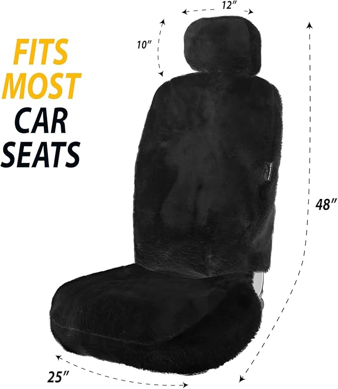 ZONETECH Sheepskin Seat Covers Fuzzy Car Seat Covers Black Australian Merino Wool Fluffy Fur Auto Accessories All Season Protection for Your Seats Universal Fits Most Car SUV Airbag Compatible