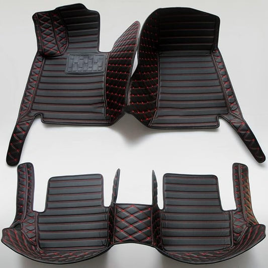 Custom Personalized Floor Mats for Cars - Luxury Full Coverage All Weather Mats, Anti-Slip Leather Mat Set, Fit for 99% of Cars, SUVs & Trucks (Black+Red Line, D-Diamond+Strip)