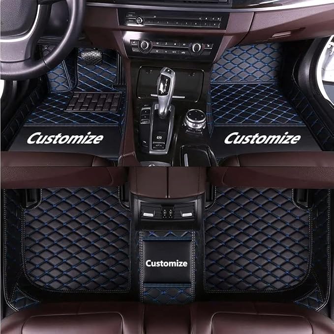 Custom Making Car Floor Mats Compatible for 2000-2025 All Mode Sedan SUV Sports Car Full Coverage Cute Pads Protection Non-Slip Leather Floor Liners (Black Blue Line)