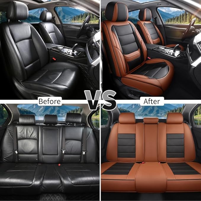 Car Seat Covers Full Set Custom Fit for Ford Taurus 1999-2018-Luxury Leather with Lumbar Support, Breathable, Waterproof, Anti-Slip, Durable, Easy to Install (BlackBrown,Full Set)