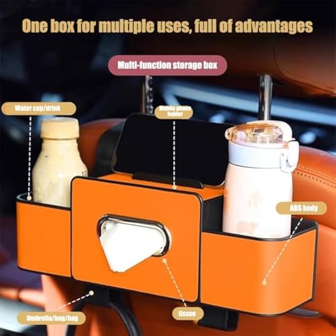 Car Organizers and Storage Box, Multifunctional Car Organizer and Storage Box Back Seat, 3-in-1 Holder Tissue Dispenser, Phone Stand for Snacks, Drinks, Bag Hook, Keep Tidy & Organized (Brown)