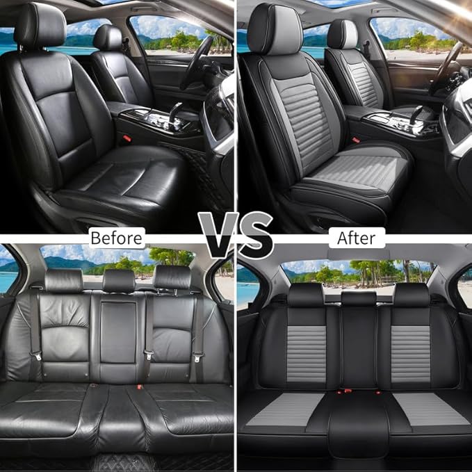 Car Seat Covers Full Set Fit for Toyota Matrix 2003-2014, Premium Faux Leather Car Seat Protector,Breathable Anti-Slip Full Wrapping Edge Seat Covers(Black&Gray,Full Set)