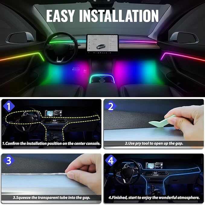 Acrylic Car Led Lights Interior, Universal RGB Ambient Lighting Car Kit,175 inch Neon Flexible Fiber Optic Led Strip Music Sync Lights,10 in 1 USB Power Dash Footwell DIY Mode