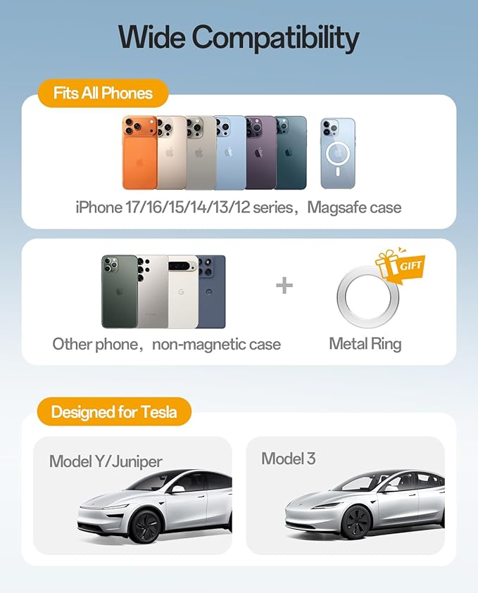 Upgraded MagSafe Tesla Phone Mount for Model Y Juniper & Model 3, No Adhesive ＆ Rock-Solid Stability Screen Clamp Phone Holder, 360° Adjustable, Compatible with All Phones, Tesla Accessories
