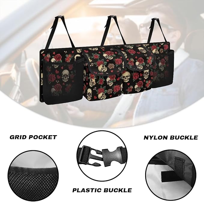 Red Rose Skull Car Trunk Organizer, Backseat Hanging Storage with 4 Large Pockets, Collapsible Cargo Bag with Adjustable Straps Sturdy Space Saving Expert for SUV, Truck, Van