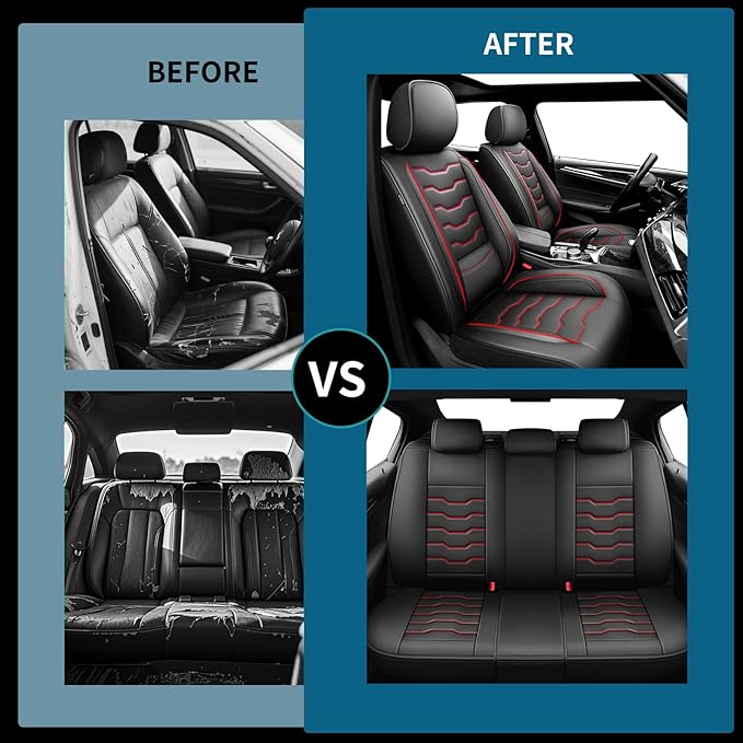 Fit Rogue Car Seat Covers Compatible with Nissan Rogue 2011-2025 2026 - Premium Leather， Waterproof Breathable， All-Weather Seat Cushion Protecto&Airbag Compatible (2 Front Seat Red Line Black)