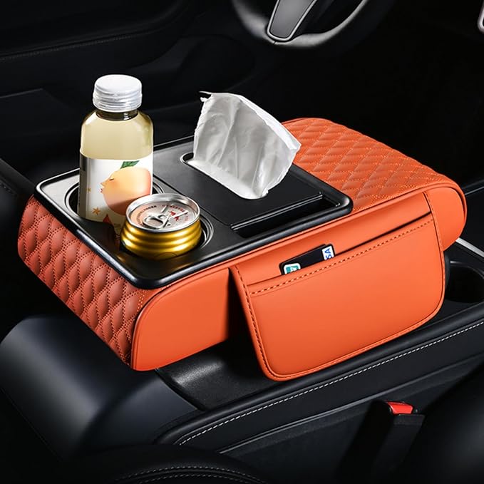 Car Center Console Armrest Pad, Arm Rest Box Cushion with Ergonomic Height Boost, Storage Pockets, Built-in Tissue Box, Cupholder, Fit for Most Sedan Vehicles (Embroidery Water Ripple, Black)