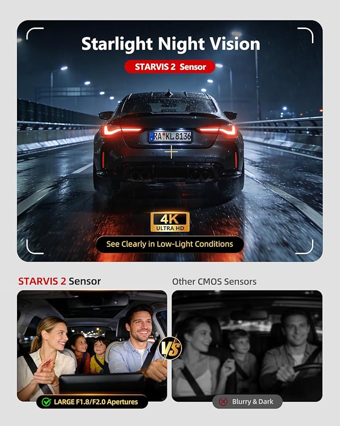 3 Channel Dash Cam, 4K Dash Cam Front and Rear, Dash Camera for Cars STARVIS 2 Sensor Car Dash Cam with HDR Night Vision, 24H Parking Mode Dashcam Built-in 5.8GHz WiFi GPS Loop Recording