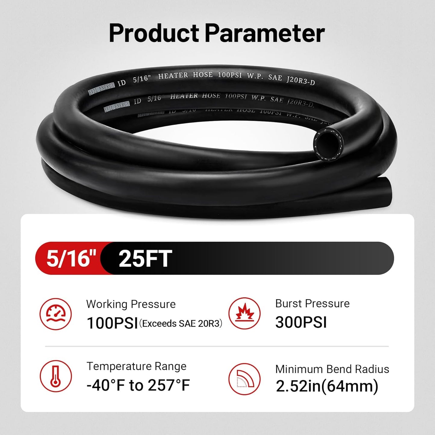 EVIL ENERGY 5/16" Heater Hose Coolant Radiator Straight 100PSI SAE 20R3 25FT Black