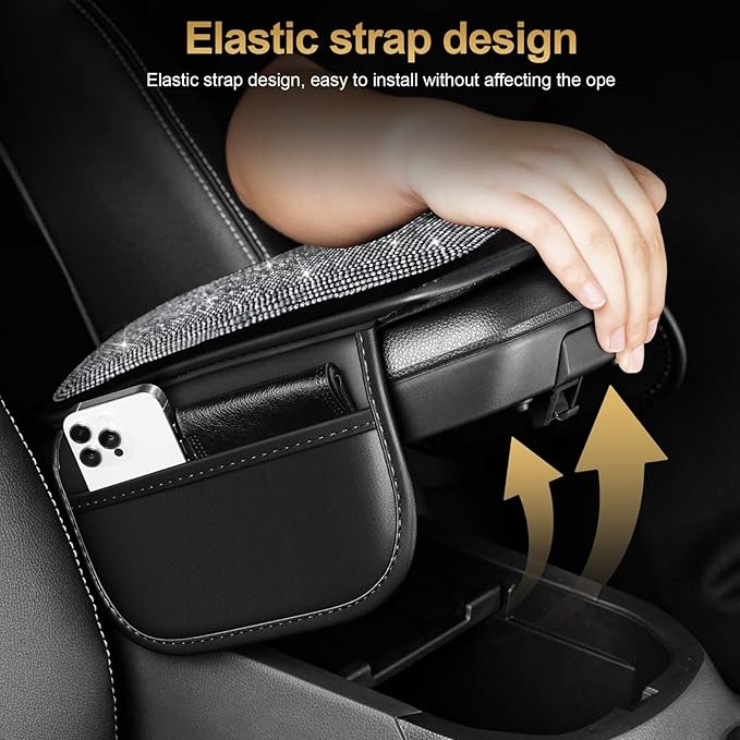 Bling Center Console Cover Fit for Toyota Land Cruiser with 2 Storage Bags Fully Diamond-Studded Style Center Console Armrest Cover with Total Protection(Silver Diamond)