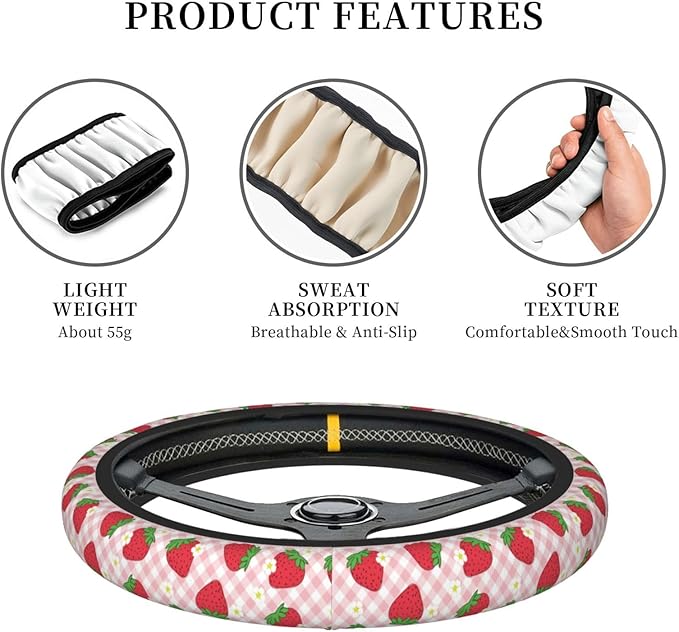 Pink Strawberry Steering Wheel Cover Women Men Floral Checked Elastic Stretch Soft Car Wheel Protector Universal Breathable No-Slip Car Accessories for Truck Van SUV Auto Fit 14-15 Inches