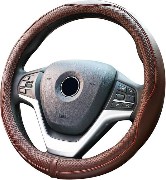 Valleycomfy Steering Wheel Covers Universal 15 inch - Genuine Leather, Breathable, Anti Slip & Odor Free (Coffee, M(14" 1/2-15" 1/4))