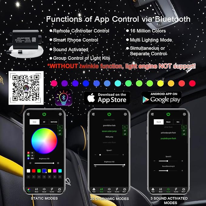 AKEPO 16W Fiber Optic Starlights Headliner Kit, 450pcs 0.75mm 9.8ft/3m Optical Fiber Strands APP/Remote Control Music Activated Car/Truck/Home Use Starlight kit