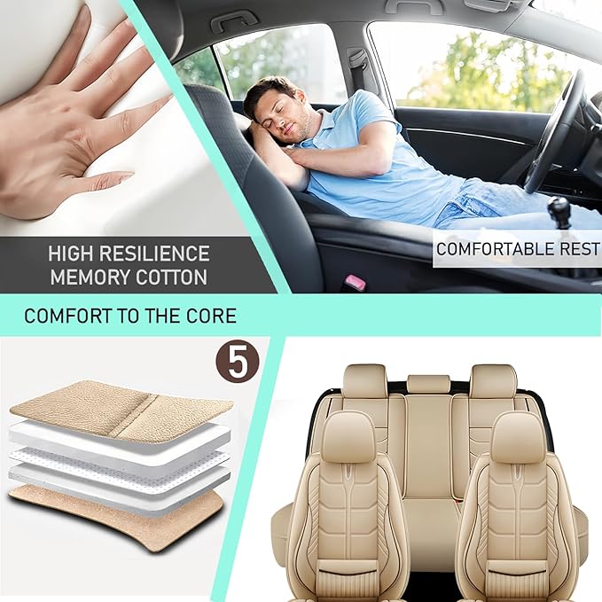Leather Car Seat Covers Fit for Toyota Echo 2000-2005, 5 Seater Car Seat Cover, Premium Waterproof, Scratch Resistant Car Interior Accessories (Full Set Beige)