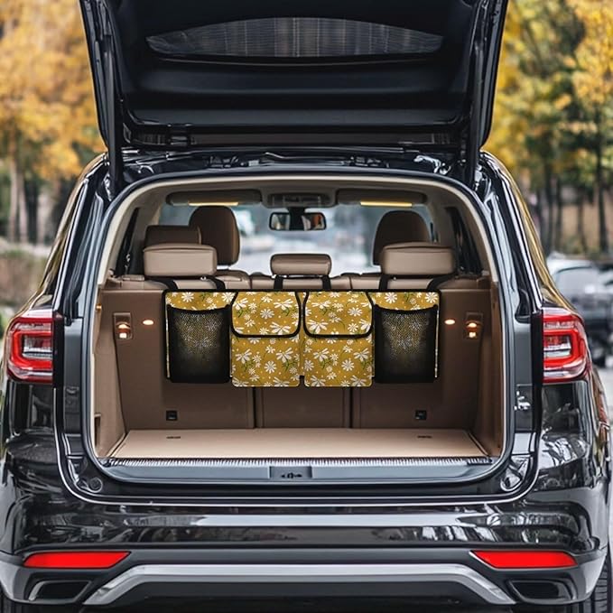 Yellow Daisy Prints Car Trunk Organizer Bag Car Back Seat Storage Bag with 4 Pockets Automotive Interior Accessories for SUV MPV Sedans Pickup Jeep Trucks