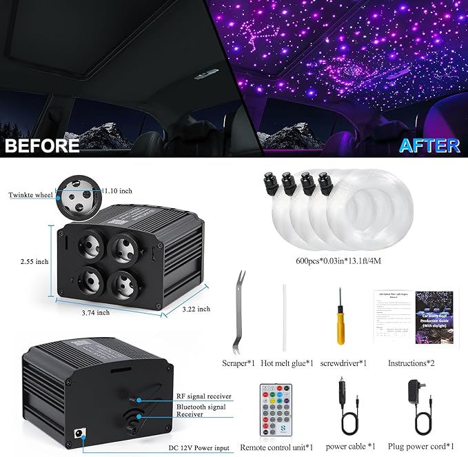 4 Colors 32W Twinkle Starlight Headliner Kit for Car Home with APP&RF Remote,RGBW 600pcs*0.03in*13.1ft Cables Fiber Optic Star Sky Roof Lights,4 Port Engine Sound Activated Car Ceiling Star Lights