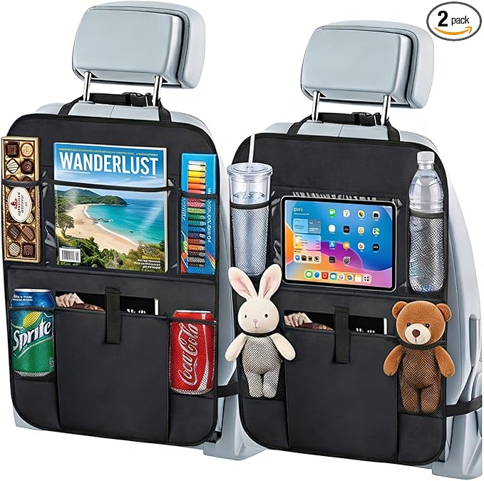 Car Backseat Organizer with 12 Storage Pockets, 12" Touch Screen Tablet Holder, Waterproof Kick Mats Seat Protector, Car Organizers and Storage for Kids, Road Trip Essentials（2 Pack，Black）