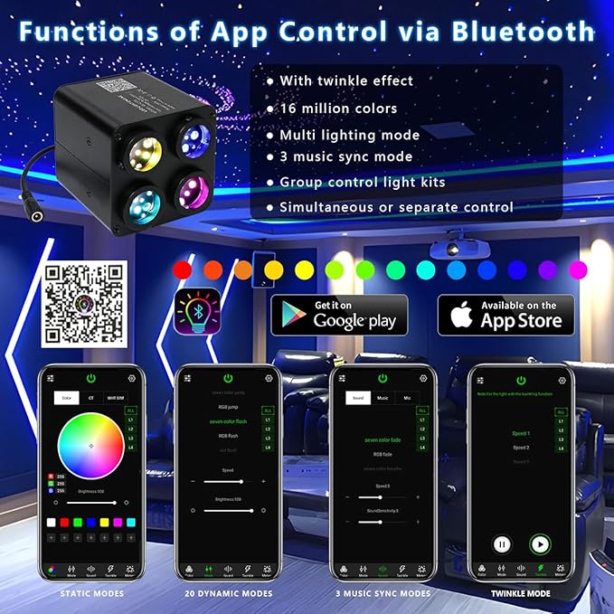 AKEPO 36W 4 Color Twinkle Fiber Optic Starlights Headliner Lights Kit, Optical Fibers Music Sync Bluetooth APP Control Starlight Kit, 1600pcs*13.1ft