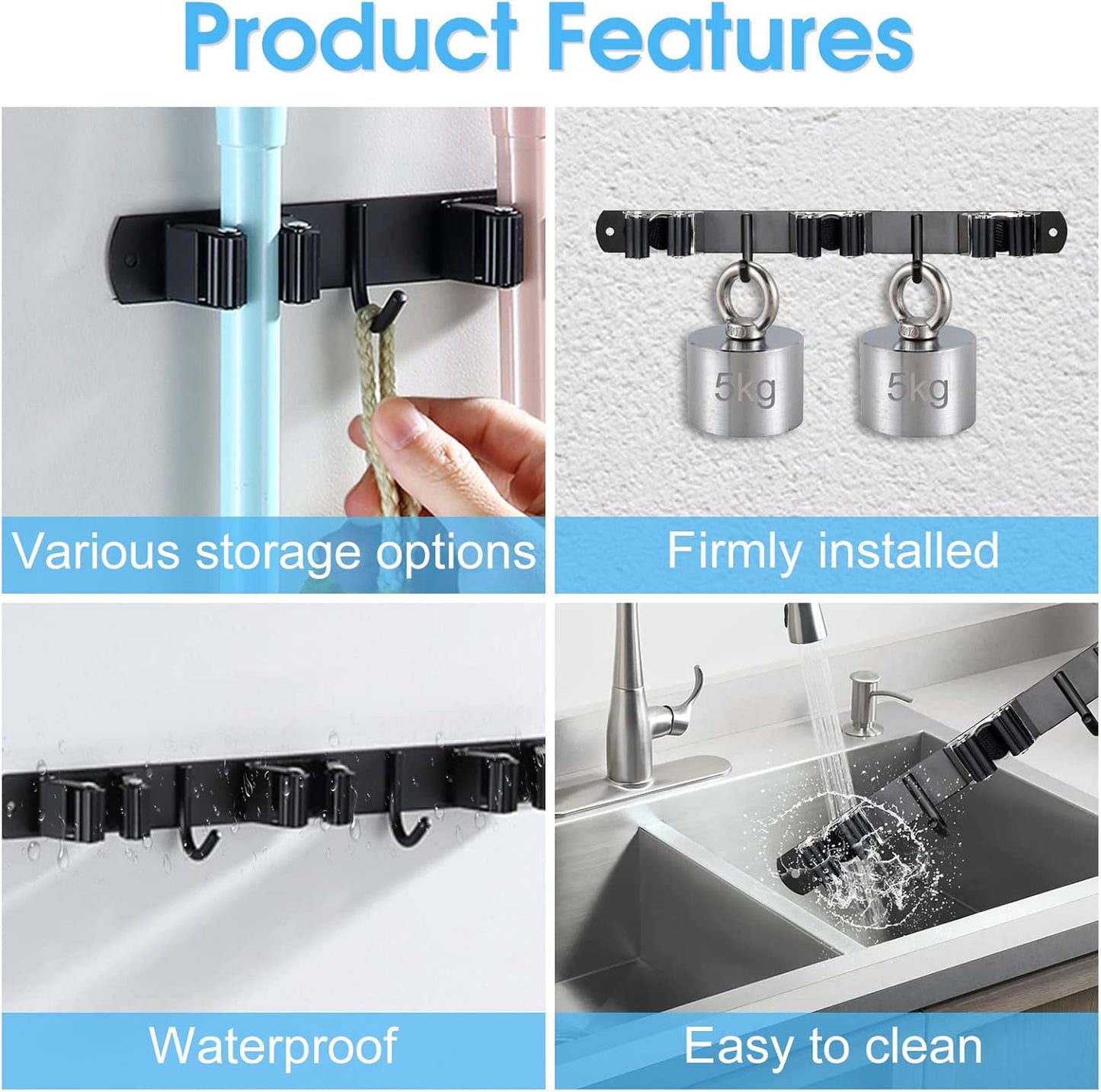 Huryfox Heavy-Duty Stainless Steel Broom Holder, Black, Wall Mount, 1-4 cm Diameter Compatible, Adjustable, 3 Racks, 2 Hooks, Space-Saving