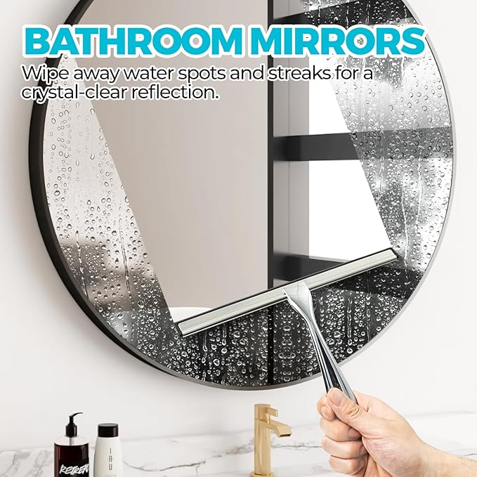 ALFLOD 2PACK All-Purpose Shower Squeegee for Shower Doors, Tile Shower Walls, Bathroom, Window, Glass and Car Windshield, Mirrors and Kitchen-Stainless Steel, 9.9-Inch, Silver