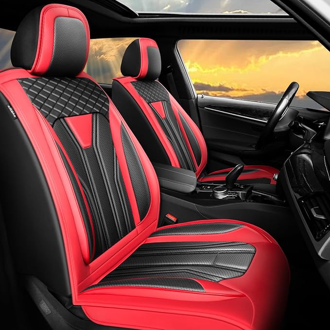 Fit Versa Car Seat Covers Compatible with Nissan Versa 2008-2025 2026 - Full Set Premium Leather， Waterproof Breathable， All-Weather Seat Cushion Protecto&Airbag Compatible （Red & Black