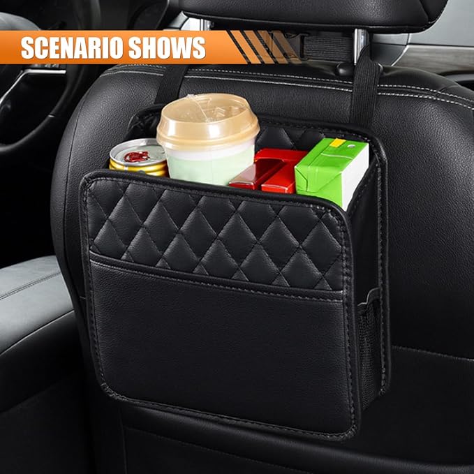 LAINLOY Classic Car Backseat Organizer, Black, 8L Capacity, Foldable, Hanging Mount, PU Leather, Unisex, 1 Count