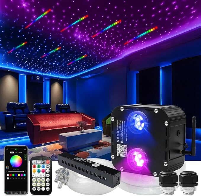 AZIMOM Updated Dual Color 50W Twinkle Fiber Optic Starlight Kits Mixed1330pcs 16.4ft Strands, RGB Meteor Shooting Star, Sound Activated APP/Remote Control Theater Ceiling Home Shop Lobby Roof Decor