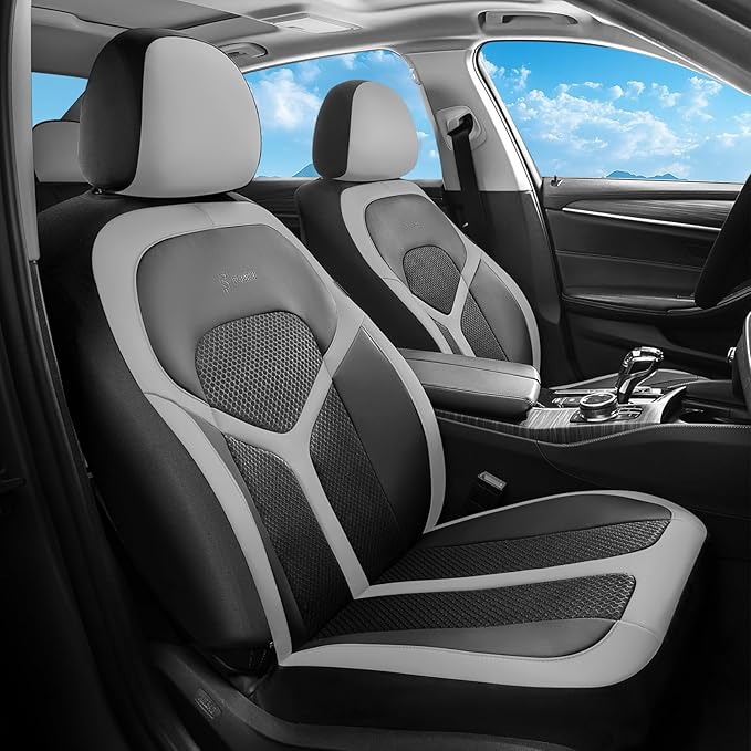 FLORICH Car Seat Covers Front Seat, Universal Seat Cover 2 Seats, Automotive Seat Covers with Mesh Leather, Waterproof Car Seat Protector, Breathable Car Seat Cushion for Most Car SUV Truck, Gray