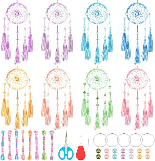INFUNLY 8 Sets Small Dream Catcher Kit DIY Mini Dreamcatcher Making Kit with Instruction Dream Catcher Hanging Ornament Gradient Color for Bag Pendant Car Mirror Bedroom