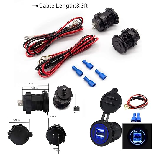 [5 Pack] 12V USB Outlet, Dual USB Quick Charger Socket Waterproof Power Outlet 12V/24V 2.1A & 2.1A for Car Golf Cart Boat Marine Bus Truck RV Marine Motorcycle, Blue LED