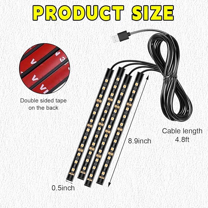 Car LED Strip Light, 48 LEDs RGB Neon Interior Atmosphere Lights, 12V Under Dash Ambient Night Light, USB Port Auto Interior Decorative Lamp, Universal Car Accessories (Red)