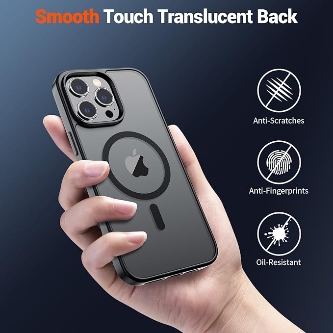 SUPFINE Magnetic for iPhone 15 Pro Case (Compatible with MagSafe) (Military Grade Drop Protection) Translucent Matte Shockproof Phone Cover, Black