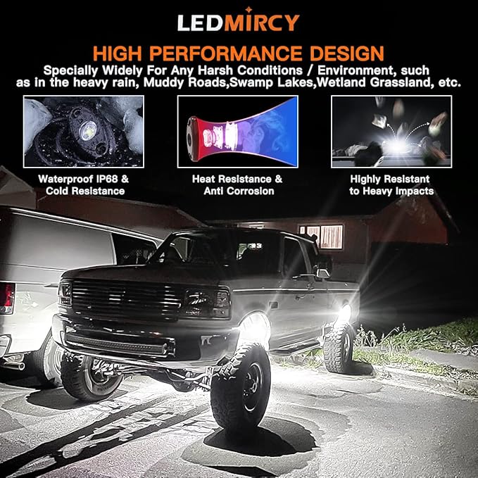 White Rock Lights,LEDMIRCY High Power Underbody Pure White LED Rock Lights for UTV Trucks Off Road RZR Auto Car Boat ATV SUV Waterproof High Power Neon Trail Rig Light Shockproof Pack of 20