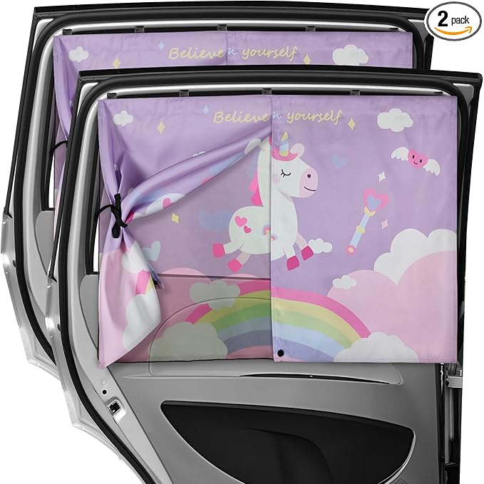 Car Window Shades, 2 PCS Magnetic Double Layer Car Sun Shade for Side Windows Privacy Full Covers/Half Shade Options Unicorn Patterns Car Window Curtains for Baby Protection