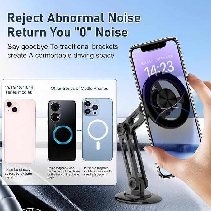 Universal 360° PRO Magnetic Suction Phone Holder Car,Alloy Folding Magnetic Cell Phone Holder for Car [Super Strong Magnet] Bracket Magnetic Dashboard Phone Car Mount for All Smartphone (Silver)