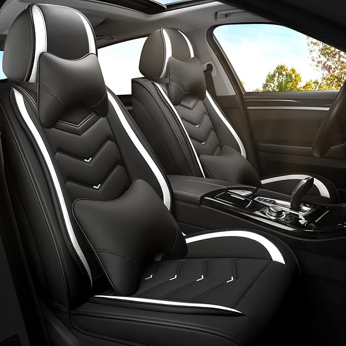 Car Seat Covers for Fiat 500 2012-2019, Premium Nappa Leather Car Seat Cover, Stylish Sport Seat Covers， Automobile Seat Cover Sets.(Luxury 2 Seats/Black White)