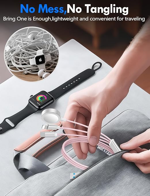 2Pack Multi Charging Cable Cord for Travel Essentials,Apple Watch Charger,iPhone Charger,[3-in-2] Type C/L Cable Portable Designed for iWatch,iPhone 17-8,Galaxy S26-21,AirPods,iPad-4FT Pink