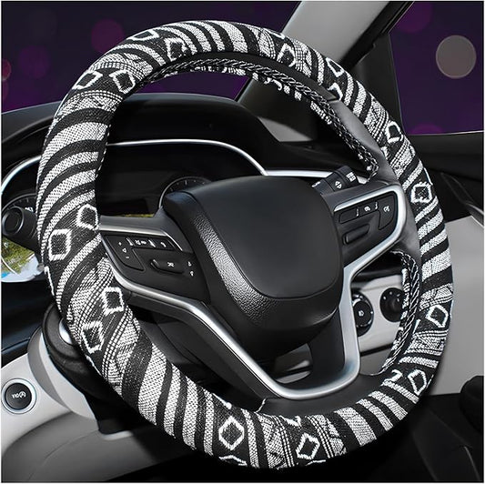 Boho Steering Wheel Cover, 15 Inch Coarse Flax Cloth Ethnic Style Anti-Slip Car Wheel Wrap, Universal Breathable Bohemian Steering Wheel Protector for Cars Vans Trucks (E)