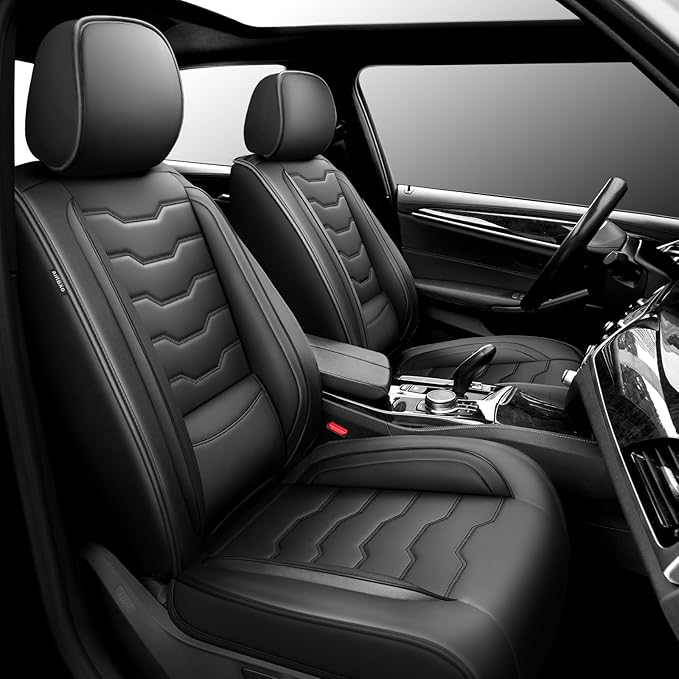 Fit Leaf Car Seat Covers Compatible with Nissan Leaf 2012-2025 2026 - Premium Leather， Waterproof Breathable， All-Weather Seat Cushion Protecto&Airbag Compatible (2 Front Seat Black)