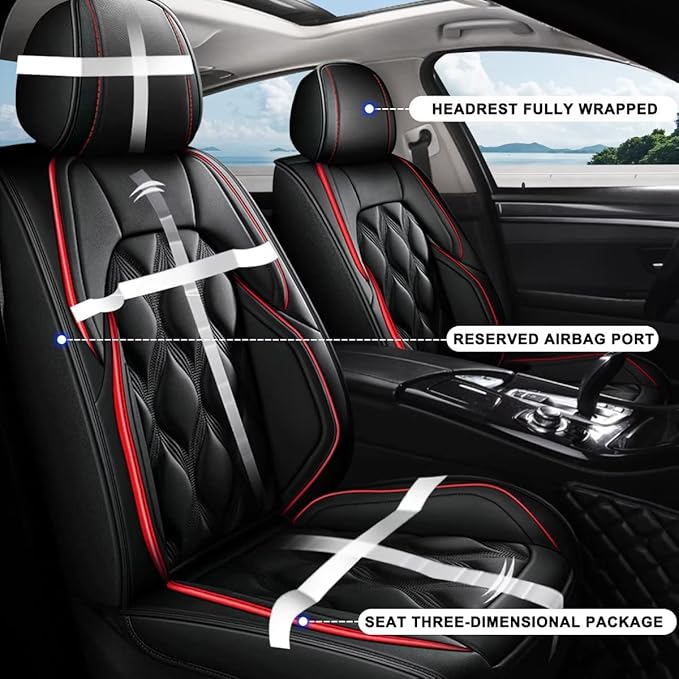 AOMSAZTO Front Seat Covers Fit for Hyundai Sonata 2007-2026 Waterproof Faux Leather Car Seat Cover Compatible with Airbag(2PCS Front, Black&Redline)