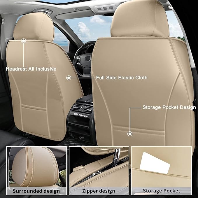 AOMSAZTO Car Seat Cover 2 Front Seat Fit for Ford Escape 2001-2026 Leather Car Seat Cushion Protector Compatible Airbag Waterproof Automotive Seat Covers Beige