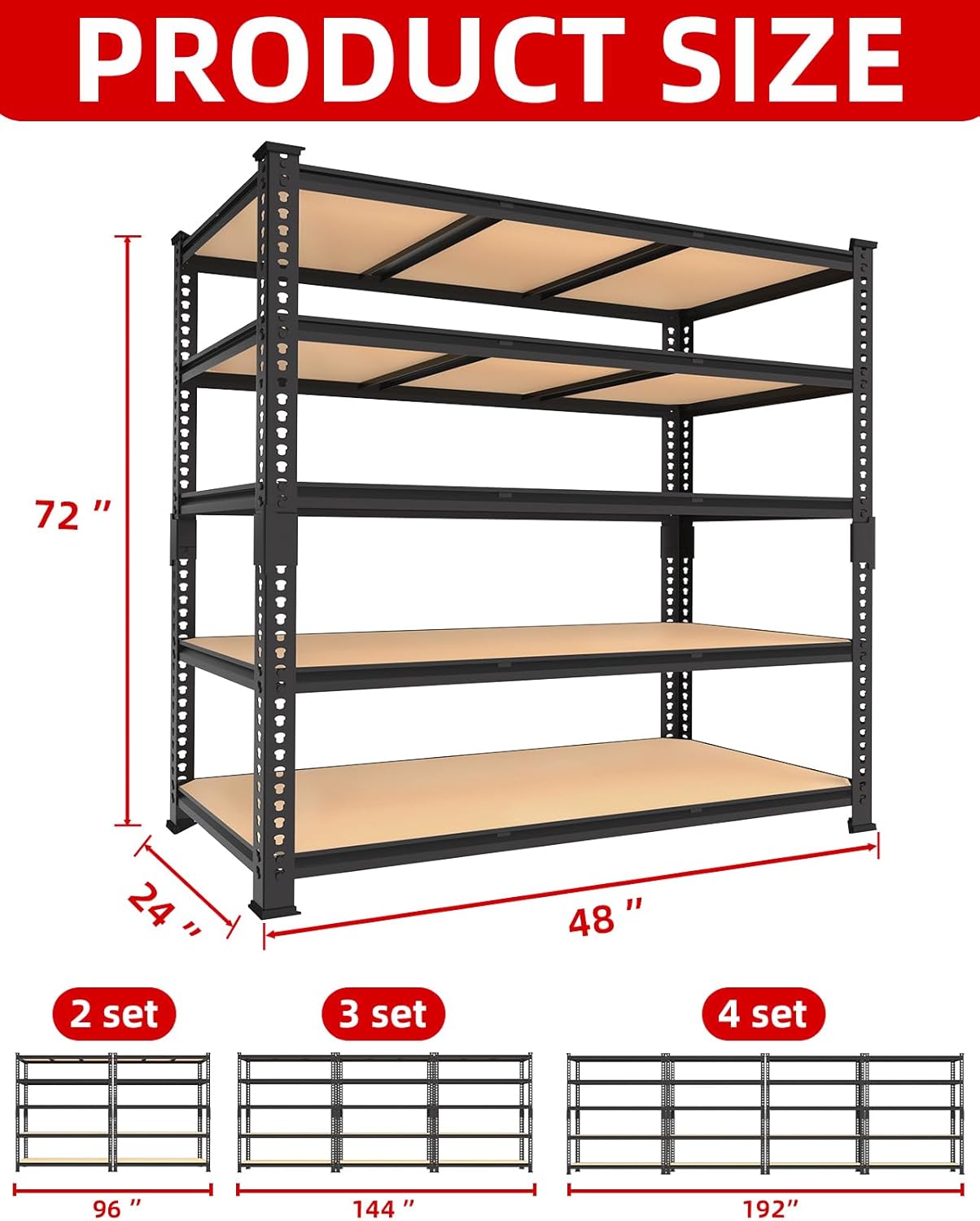 PrimeZone Heavy Duty Garage Storage Shelves - 48" W X 24" D X 72" H Adjustable Metal Shelving Unit, 5 Tier Industrial Shelves for Storage Standing Utility Rack for Warehouse, Basement, Black, 5 Pack
