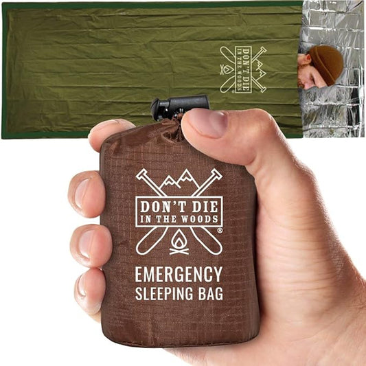Don’t Die in The Woods - Emergency Sleeping Bag with Hood - Made with Extra Thick Thermal Mylar - 10 Essentials Hiking Camping Blanket, Survival Gear Tactical Car Disaster Bug Out First Aid Kits