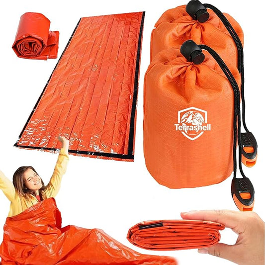 Sleeping Bag, Terrashell Blanket, Emergency Sleeping Bag, Waterproof, Compact Lightweight, Extra Thick, Heat Blanket Survival for Survival Kit Car Camping Gear Hiking Go (65μm) (2PCS)